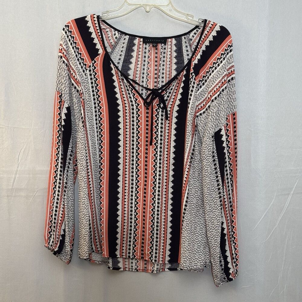 Sanctuary Women's Size Small Boho Stripe Blouse Tie Neck Long Sleeve Top